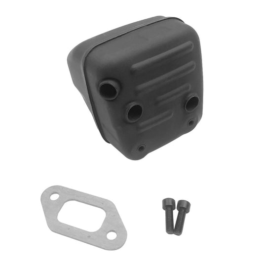 Chainsaw exhaust muffler gasket kit with black muffler cover, metal gasket and screws