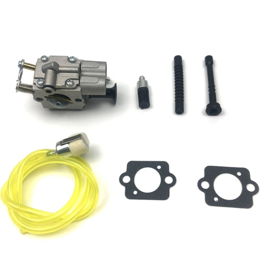 Chainsaw carburetor kit with carburetor assembly, fuel line, and two gaskets