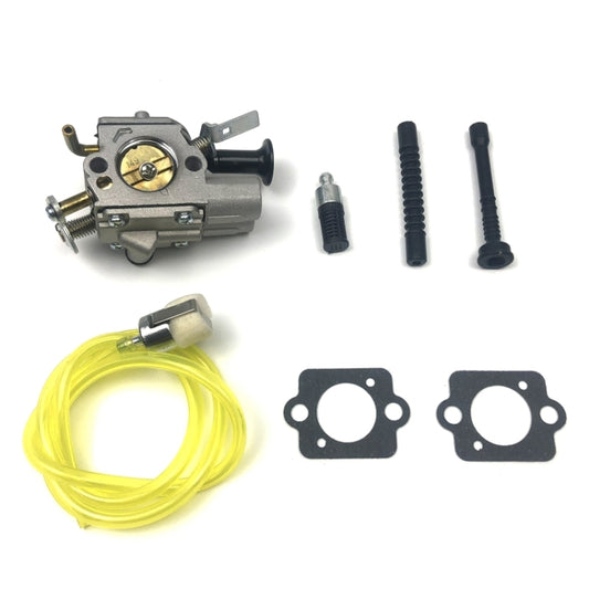 Chainsaw carburetor kit with yellow fuel line, carburetor, screws and gaskets