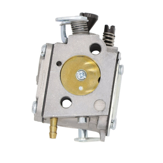 Chainsaw carburetor with gold diaphragm disc and metal housing, side view