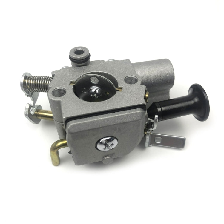 Metal chainsaw carburetor with air intake housing and black choke lever, silver/black