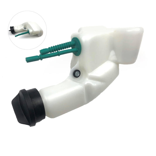 Fuel tank assembly, white plastic tank with green tube and black fuel cap