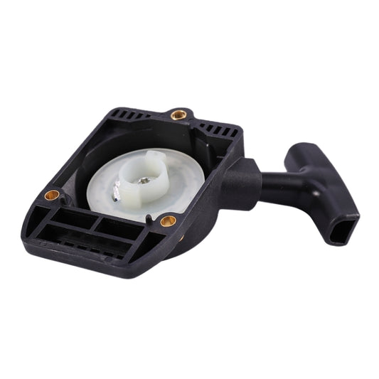 Pull start plate assembly with recoil pulley in black frame and molded handle