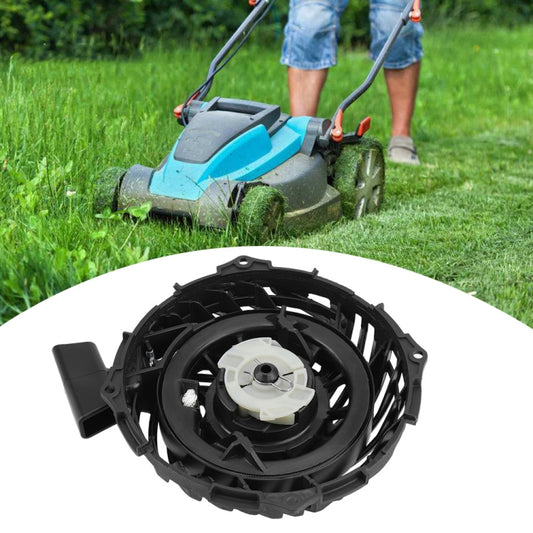 Recoil pull starter assembly with black recoil fan housing and white starter pulley