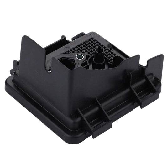 Black plastic air filter cover base with internal openings and side vent fins