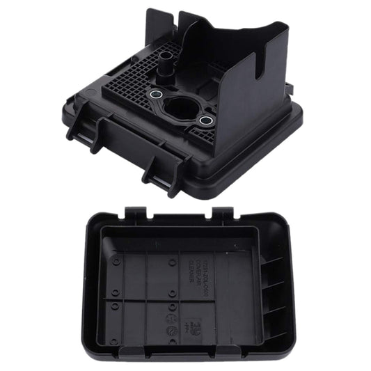 Black plastic air filter cover base with grille, cylinder port, and mounting holes