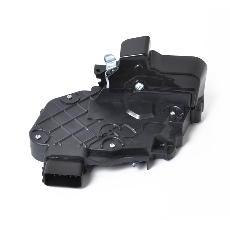 Black rear door lock actuator motor with metal bracket and mounting screw holes