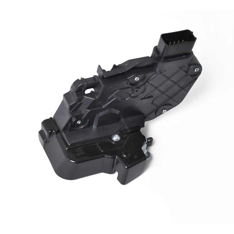 Black door lock actuator motor with mounting tabs, screws, and electrical connector
