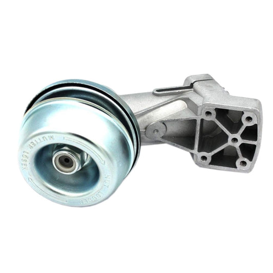 Gear box working head with blue pulley and silver housing, front view