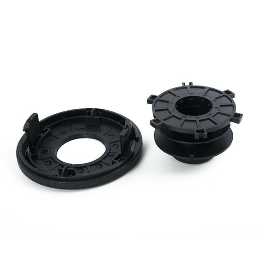 Black trimmer head reel covers with circular base and spool cap components