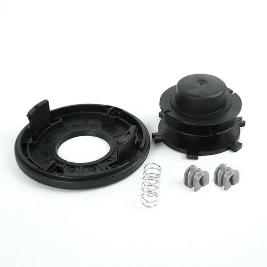 Trimming head cover reel set with black plastic housing, spring and metal clips