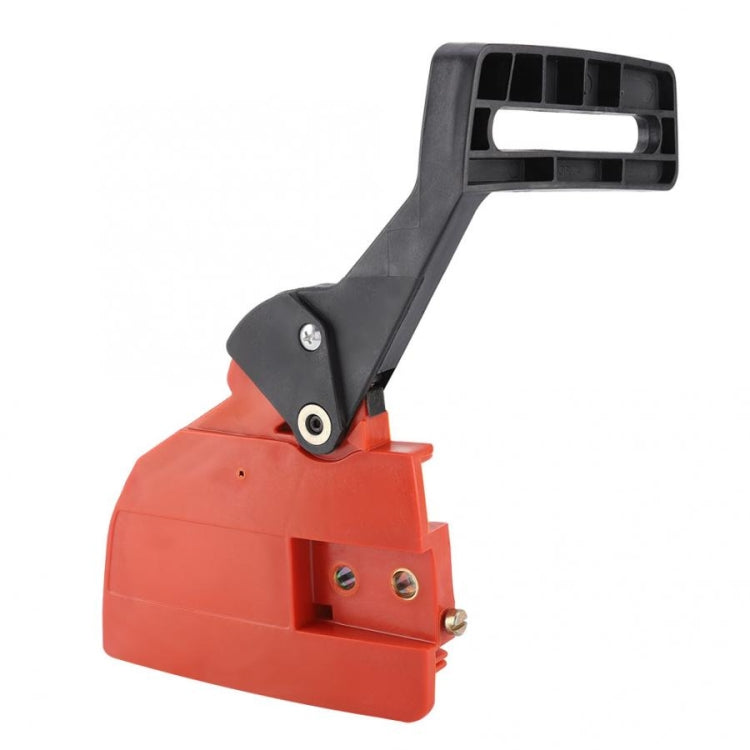 Red brake pad side cover with black handle arm and mounting plate