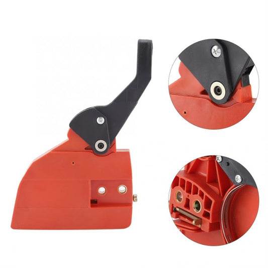 Red and black brake pad side cover with mounting screws and pivot bracket