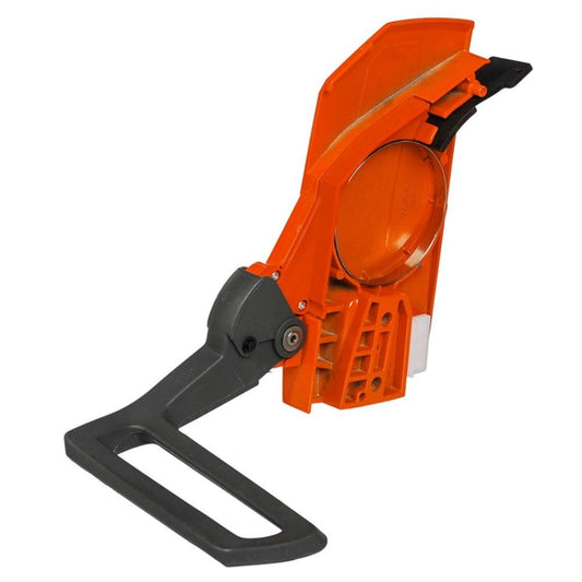 Orange brake pad side cover with black bar handle and oval brake recess
