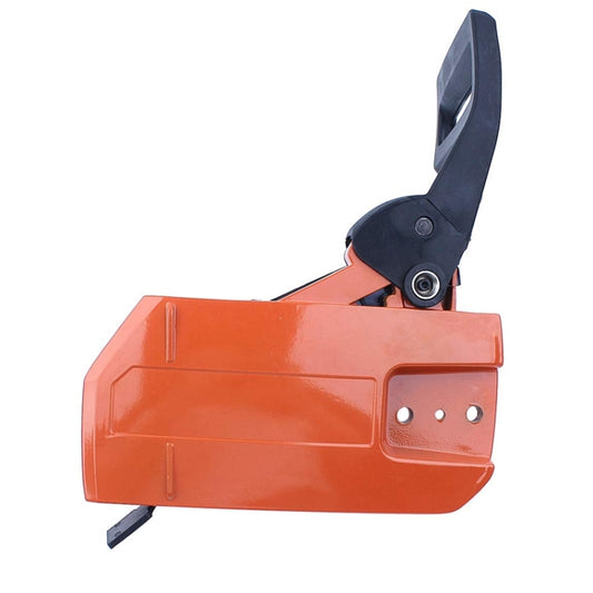Orange brake pad side cover with black handle and mounting bolts