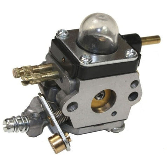 Chainsaw carburetor replacement with metal body, black housing, and brass fittings