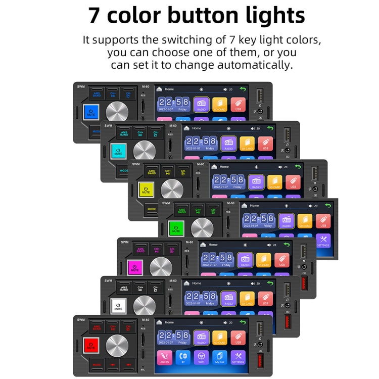 Car radio head unit shown in multiple color button light options
