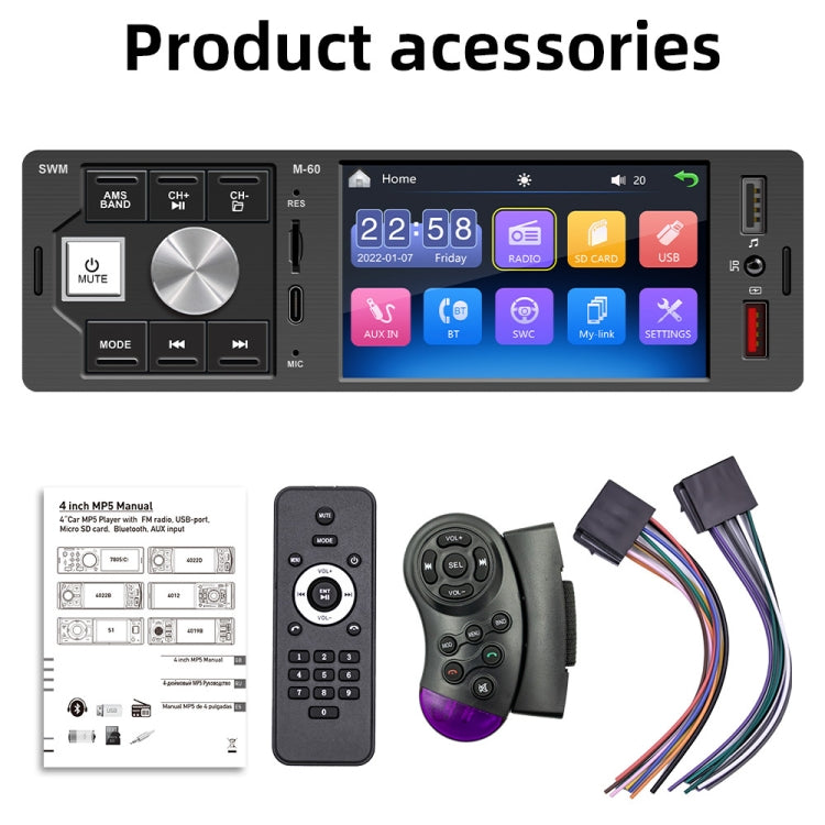 Car radio head unit with remote, manual, mounting accessories, and wiring harness