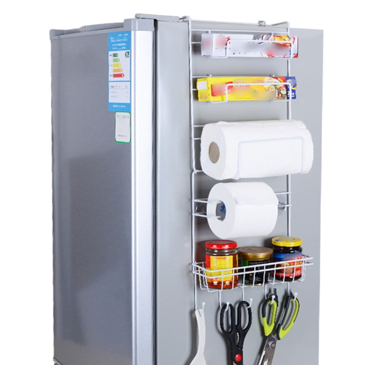 Refrigerator side storage rack with paper towel holder, jar shelf, and hanging hooks