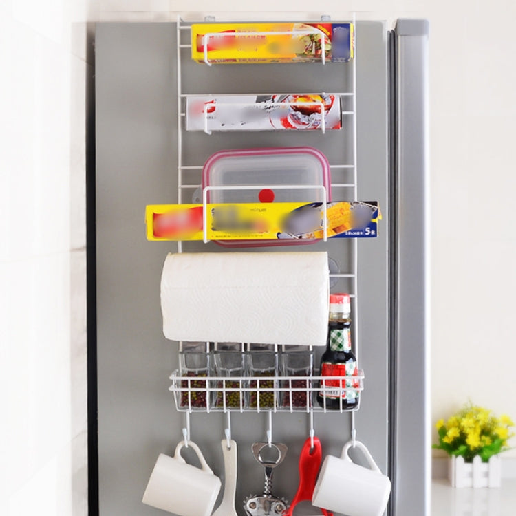 Refrigerator door side organizer with wire shelves, paper roll holder, and utensil hooks