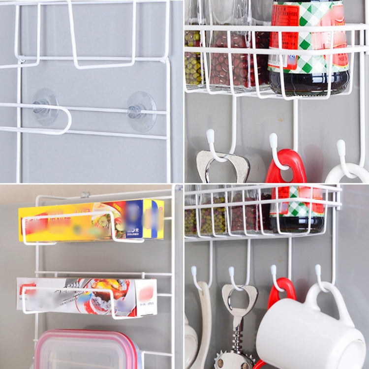 Refrigerator side organizer with hanging hooks, wire baskets, and utensil cup holders