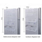 Refrigerator shelf organizer frame with wire baskets and hanging rail, size diagrams