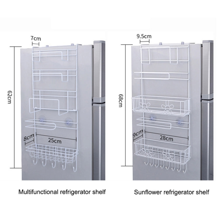 Refrigerator shelf organizer frame with wire baskets and hanging rail, size diagrams