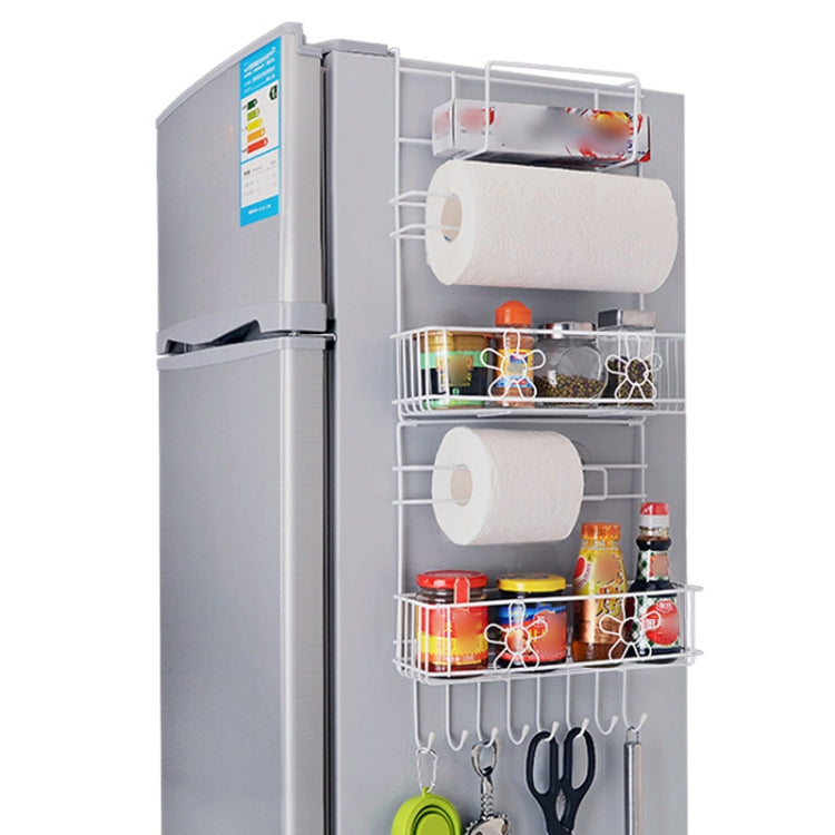 Refrigerator side rack with two paper roll holders, jar shelf, and utensil hooks