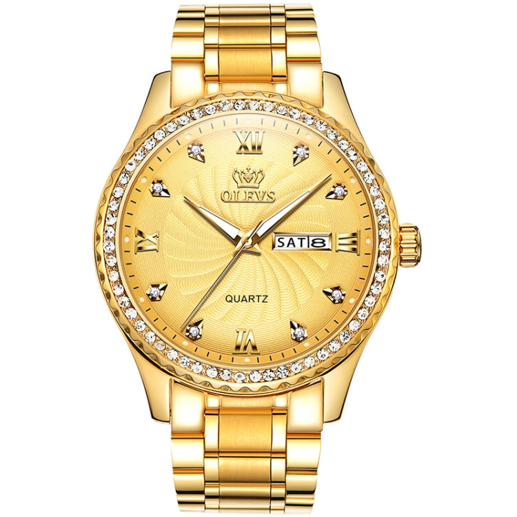 Gold-tone men’s quartz wristwatch with diamond-like bezel and link metal bracelet