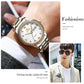 Two-tone stainless steel wristwatch with white dial, gold accents, and crystal bezel