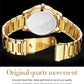Gold-tone stainless steel watch with round back and segmented link bracelet