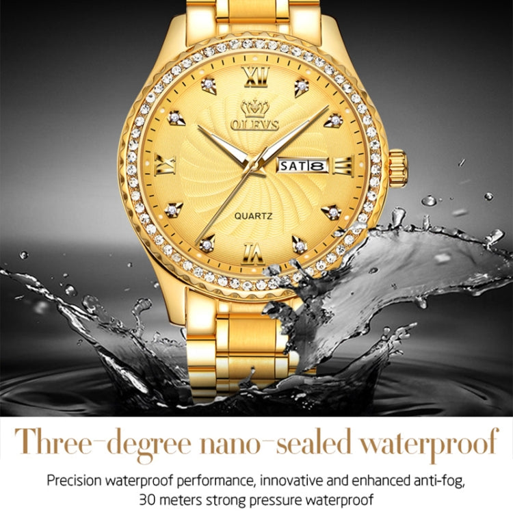 Gold-tone quartz watch with sparkling bezel and textured yellow dial on wrist