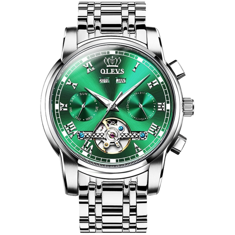 OLEVS automatic mechanical watch with green dial, roman markers, and steel link bracelet