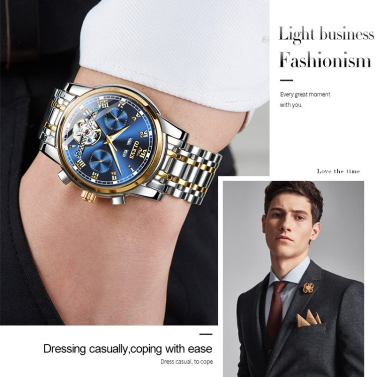 Men's automatic mechanical wristwatch with blue dial and two-tone metal bracelet
