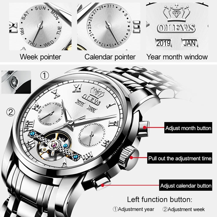 Close-up of OLEVS watch dial showing open-heart movement and calendar details