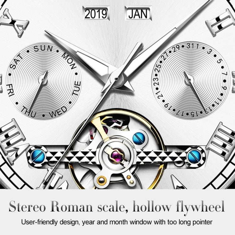 Close-up watch dial with roman numerals, dual subdials, and visible movement components