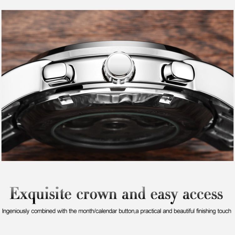 OLEVS watch crown and case bezel close-up on a stainless steel case