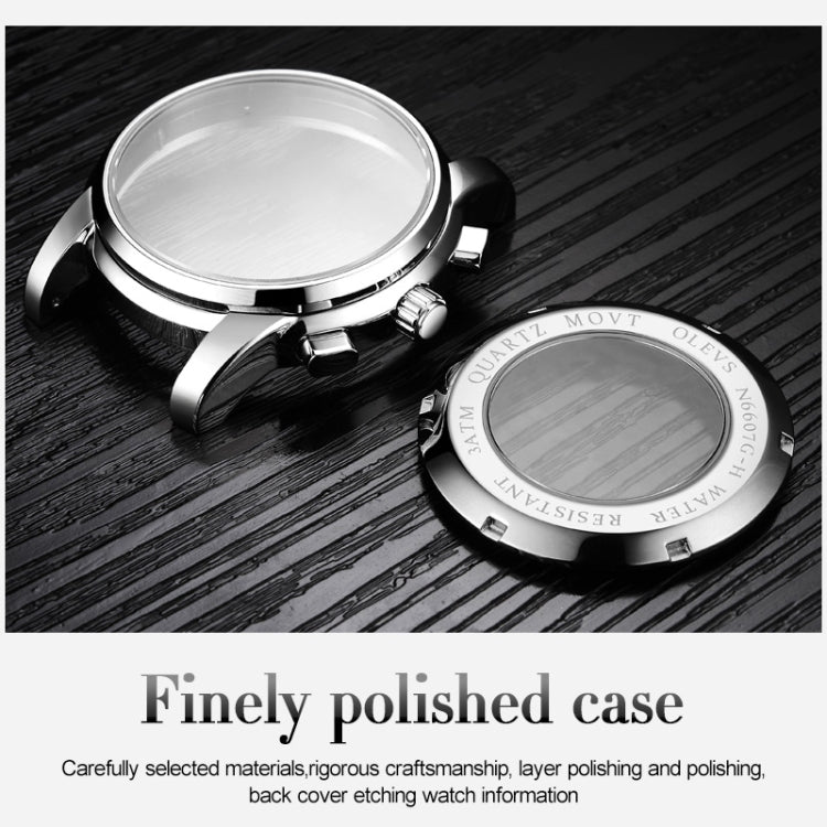 Back view of OLEVS watch case with labeled cover and round steel housing