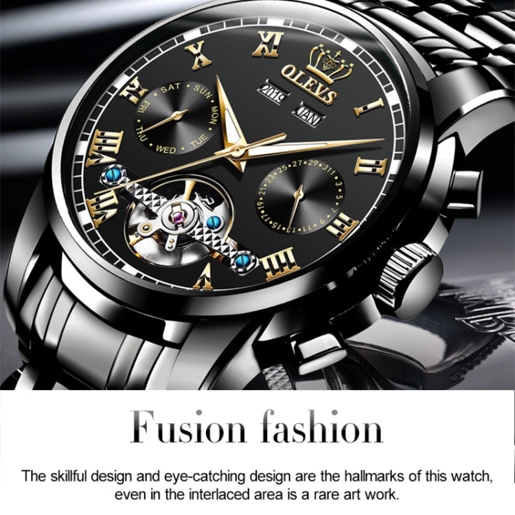 OLEVS chronograph-style watch with black dial, roman markers, and open-heart movement