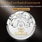 OLEVS mechanical movement view through the case back with gold OLEVS logo