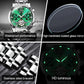 Collage showing waterproof watch, steel bracelet links, and green luminous dial