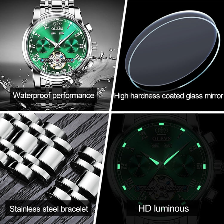 Collage showing waterproof watch, steel bracelet links, and green luminous dial