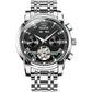 Men's automatic mechanical wristwatch with black dial and silver metal bracelet