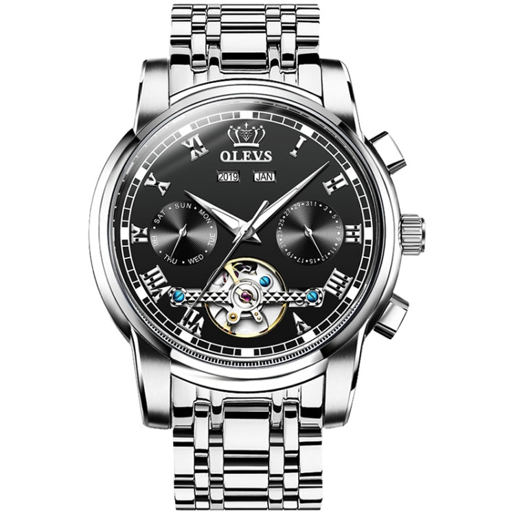 Men's automatic mechanical wristwatch with black dial and silver metal bracelet