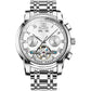 Men's automatic mechanical wristwatch with white dial and silver metal bracelet