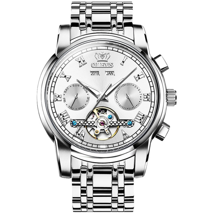 Men's automatic mechanical wristwatch with white dial and silver metal bracelet