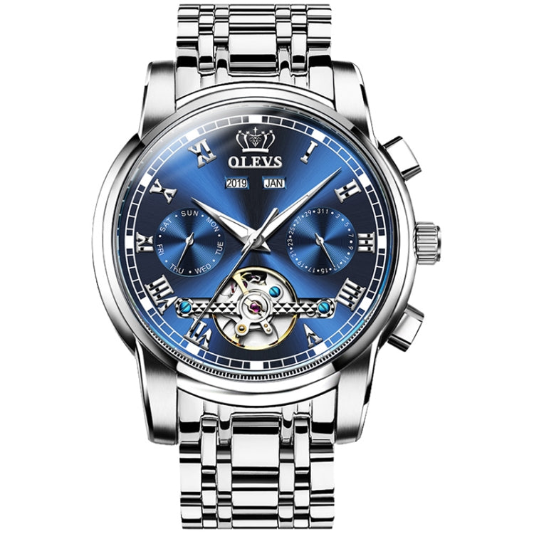 Men's automatic mechanical wristwatch with blue dial and silver metal bracelet