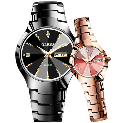 Couple quartz watches, black and rose gold tone with luminous black and pink dials
