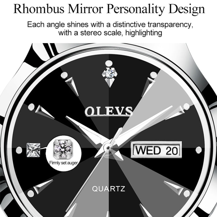 Black quartz watch face with luminous markers, crystal accents, and date window