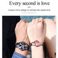 Couple wearing black and rose gold tone quartz watches on wrists with metal link straps